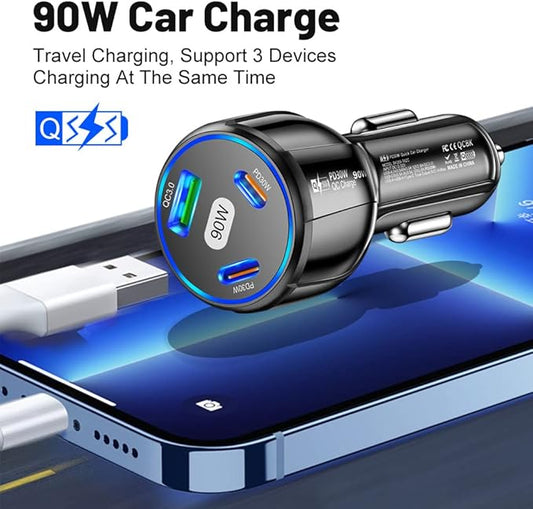 90W High-Power Car Charger with Triple USB Ports with PD3.0 & QC 3.0 Fast Charging