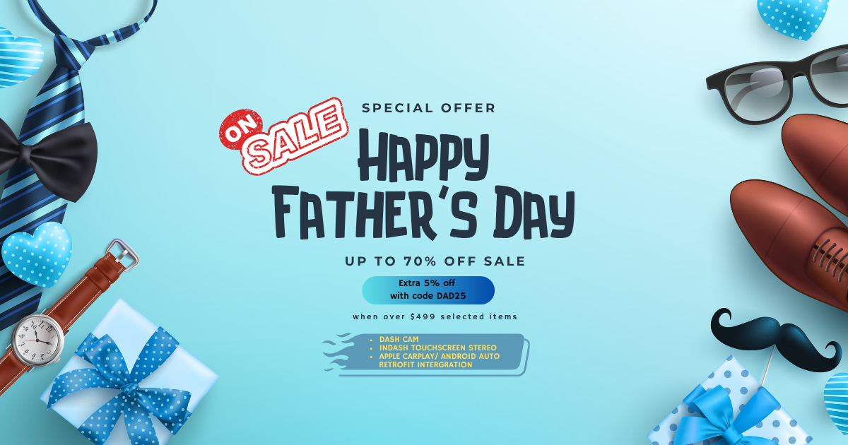Father's Day sale advertisement with Father's Day-themed items on a light blue background.