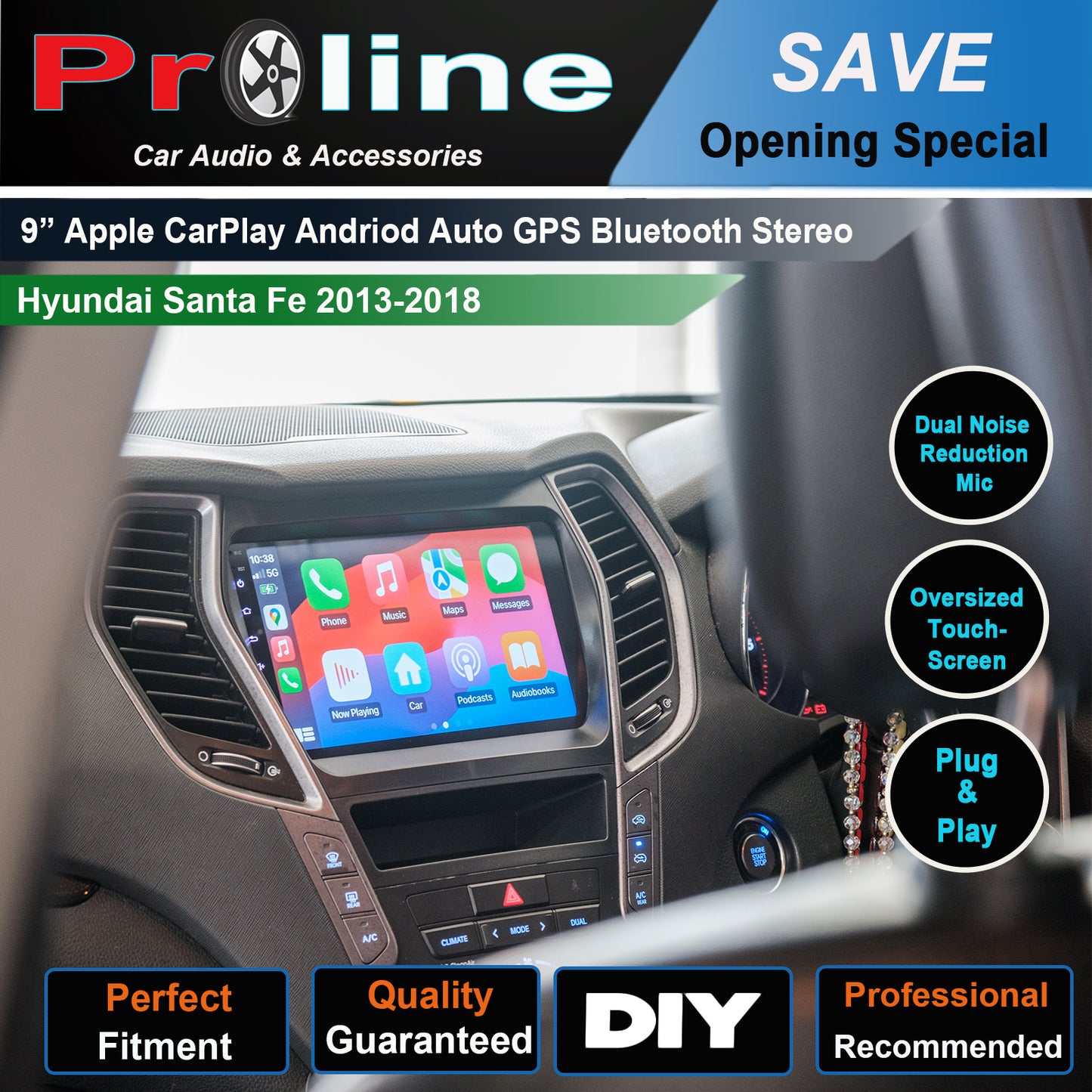 Hyundai Santa Fe 2013-2018 GPS BT wireless Apple CarPlay Android Auto Stereo 9"