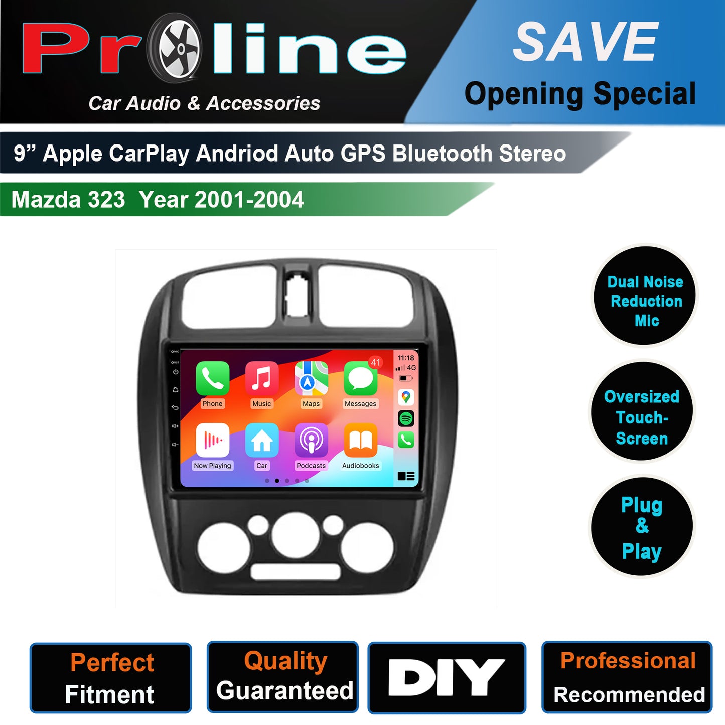 Mazda 323 2001-2004 GPS Wireless apple CarPlay Android auto Stereo DSP 10 inch