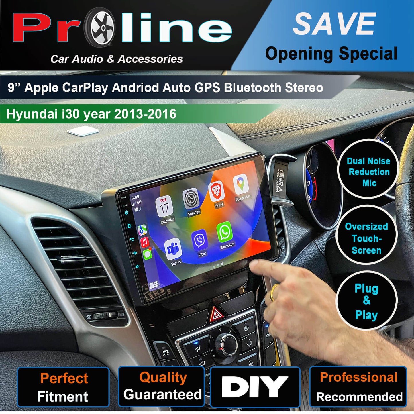 Hyundai i30 2013-2016 GPS Bluetooth Stereo 9 inch Wireless apple Carplay Android auto facia