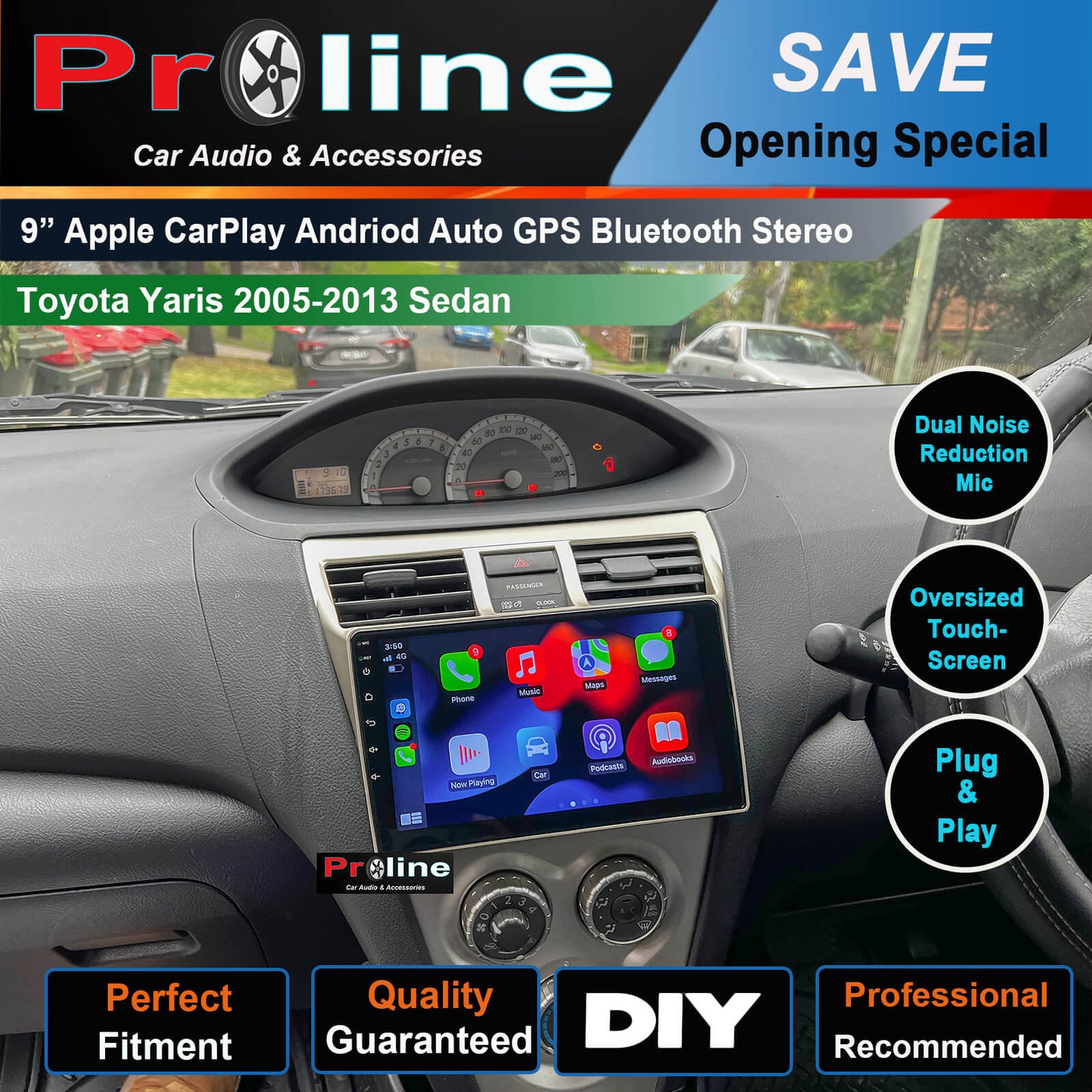 Toyota Yaris 2005-2013 Sedan 9" Wireless Apple CarPlay Andriod Auto GPS Bluetooth Stereo Radio