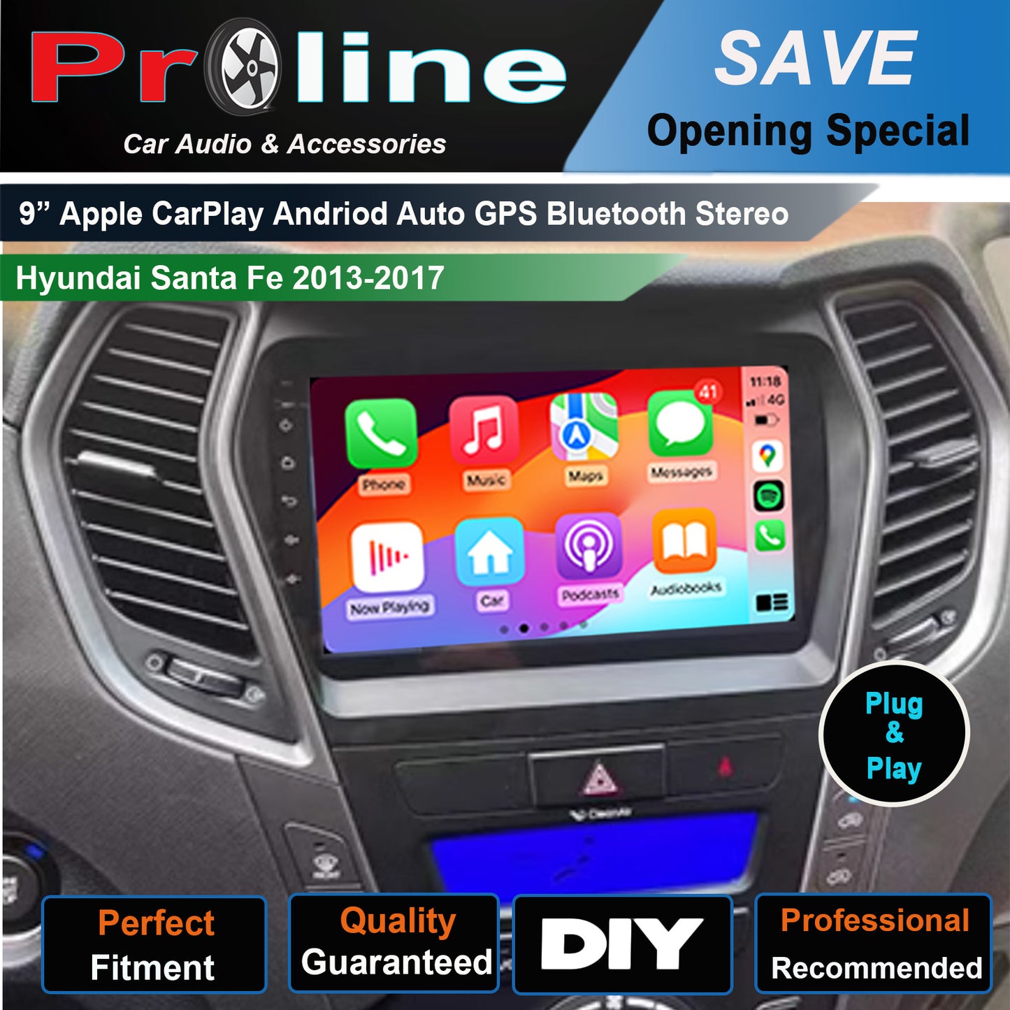 Hyundai Santa Fe 2013-2018 GPS BT wireless Apple CarPlay Android Auto Stereo 9"