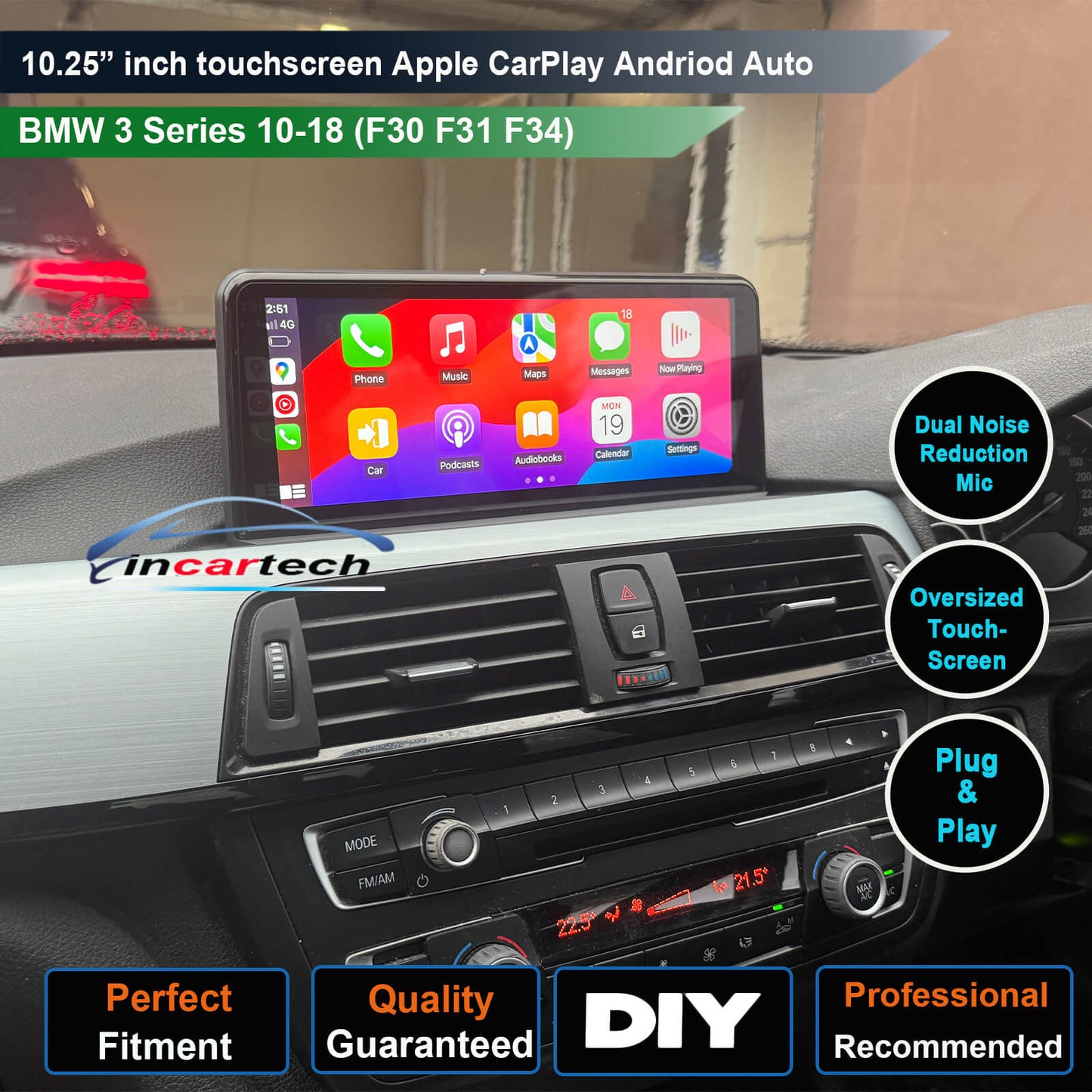 BMW 3 Series/M3 2010-2017 (F30 F31 F34) 10.25 inch touchscreen aftermarket screen upgrade Car stereo wireless Carplay and wireless android auto