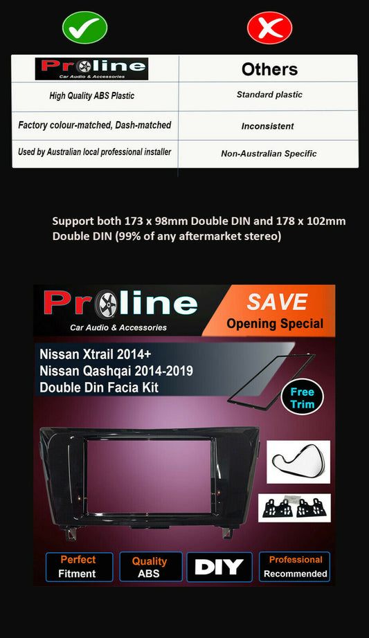 Nissan Xtrail Qashqai 14+ DOUBLE DIN radio facia sterero Fascia Dash Panel kit, Nissan Xtrail 2014+, Nissan Xtrail Qashqai 2014-2019, DOUBLE Facia Kit, Support both 173 x 98mm Double DIN and 178 x 102mm.Double DIN (99% of any aftermarket stereo)head unit upgrade, unit replacement, head unit upgrade, stereo upgrade suit both manual and digital air condition control, provides installation. Upgrade to the Lastest Wireless Apple Carplay Android Auto