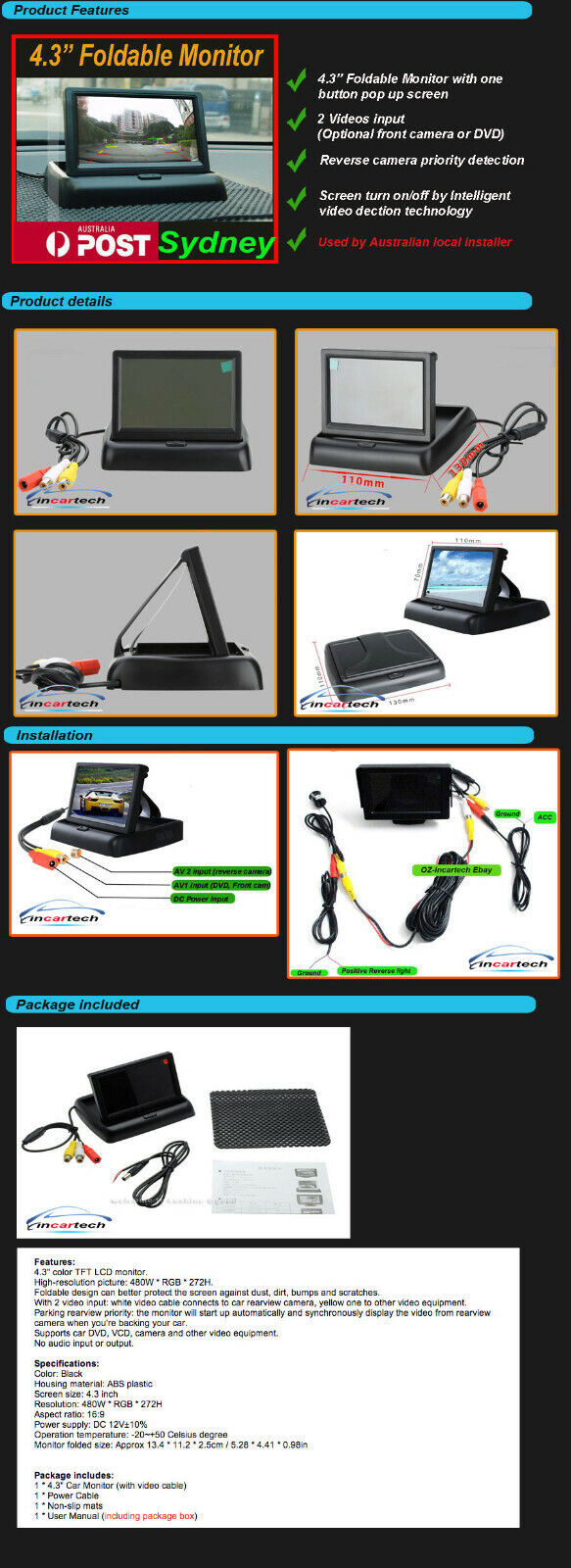 Proline G33CBF 4.3" inch HD Monitor Car Truck TFT LCD Color for Reverse camera