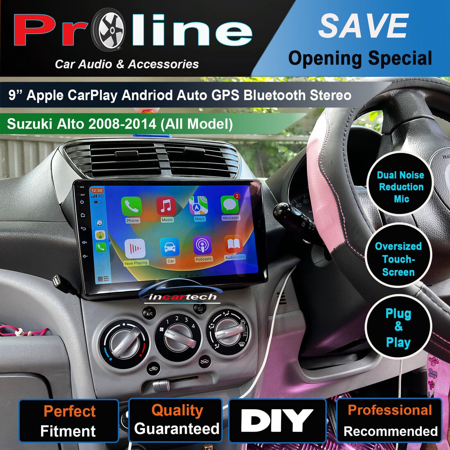 Suzuki Alto 08-14 Wireless Apple CarPlay Android GPS Radio Bluetooth stereo, Suzuki Alto 08-14 head unit upgrade for Suzuki Alto 08-14, head unit replacement for Suzuki Alto 08-14 head unit upgrade, Suzuki Alto 08-14 stereo upgrade suit both manual and digital air condition control, provides installation. Upgrade to the Latest Wireless Apple CarPlay Android Auto