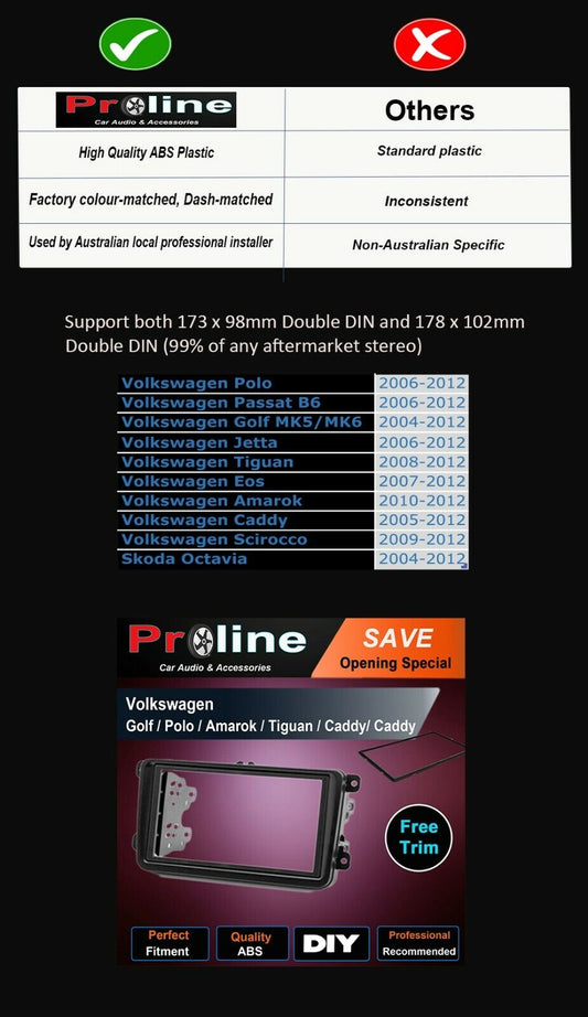 Skoda Octavia 2007-2013 Skoda Roomster 2007-2013 Volkswagen Amarok 2011+ Volkswagen Beetle 2012+ Volkswagen Caddy 2005+ Volkswagen EOS 2007+ Volkswagen Golf 2004-2013 Volkswagen Jetta 2006-2015 Volkswagen Multivan 2016+ Volkswagen Passat 2006-2015 Volkswagen Polo 2006-2014 Volkswagen Tiguan 2008+ Volkswagen Transporter 2010+ Support both 173 x 98mm Double DIN and 178 x 102mm.Double DIN (99% of any aftermarket stereo)