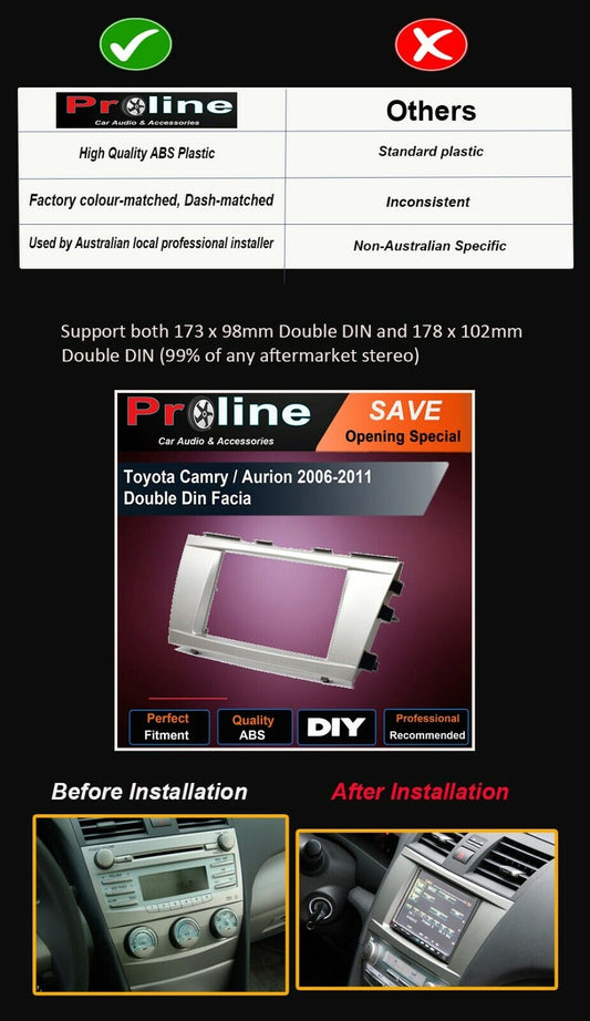 Fit Toyota Camry 06-10 stereo radio Double 2 Din fascia dash facia kit trim. Support both 173 x 98mm Double DIN and 178 x 102mm.Double DIN (99% of any aftermarket stereo)