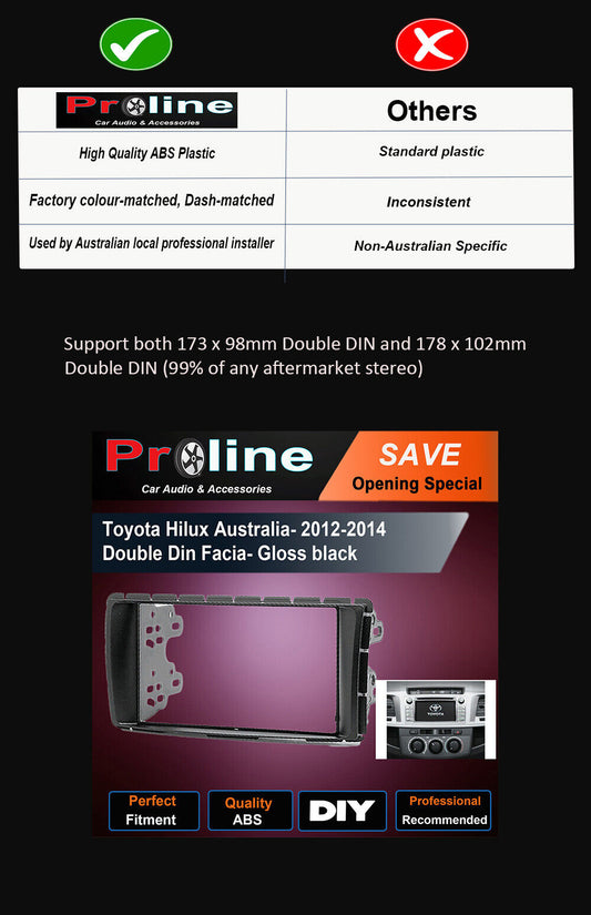 Double Din Facia Kit Fascia Dash Plate For Toyota Hilux Workmate 2012-2014 SP. Support both 173 x 98mm Double DIN and 178 x 102mm.Double DIN (99% of any aftermarket stereo)
