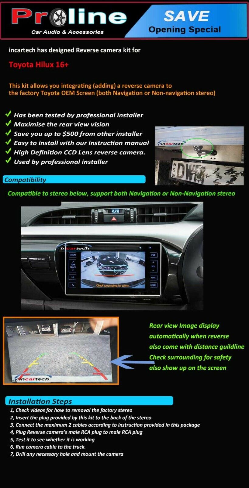 Reverse Camera Kit fit Toyota Hilux Factory Screen 2016 17 18 19 SR Workmate SR5