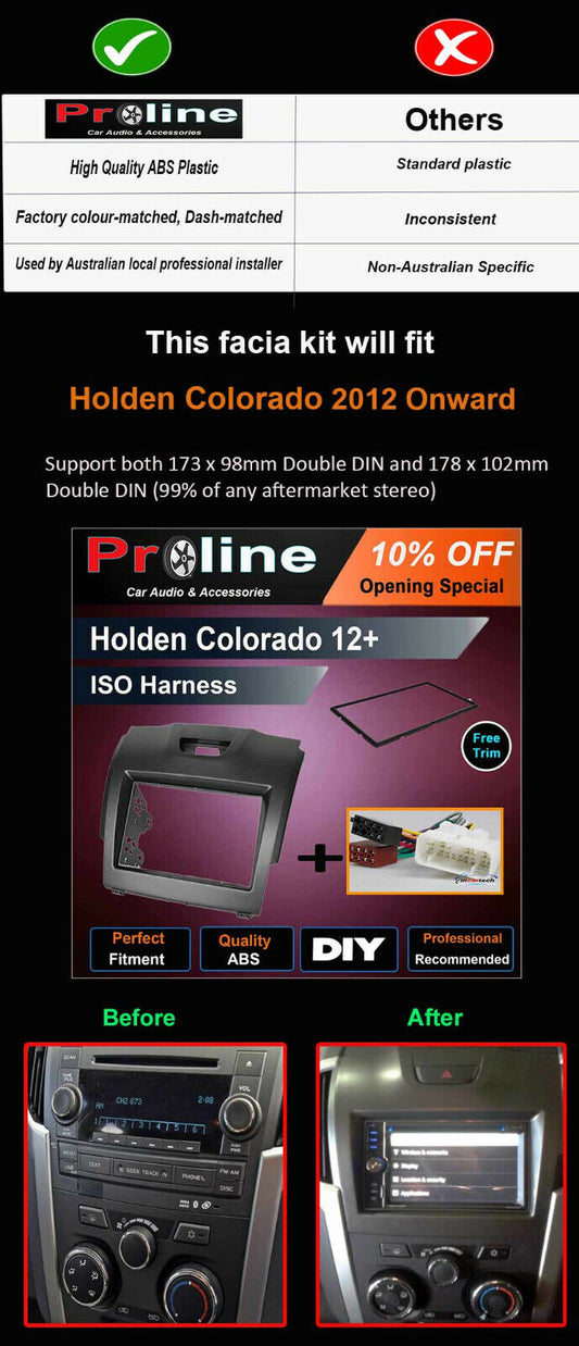 Fascia facia Fits Holden colorado 2012+ Double Two 2 DIN Dash Kit iso harness. Support both 173 x 98mm Double DIN and 178 x 102mm.Double DIN (99% of any aftermarket stereo)