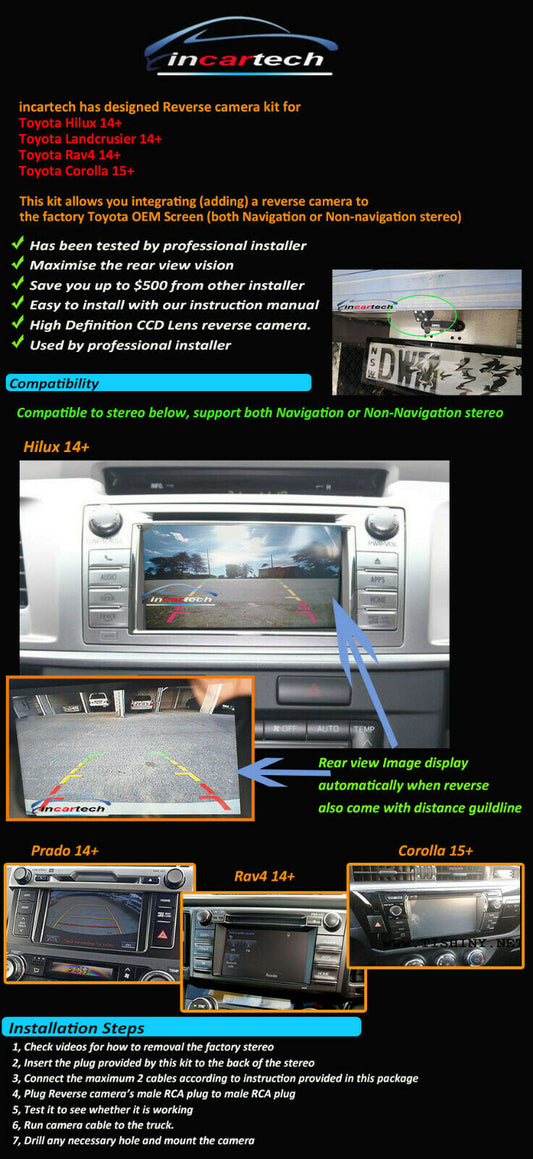 Reverse Camera Kit fit Toyota Hilux Factory Screen 2013 14 15 SR Workmate SR5
