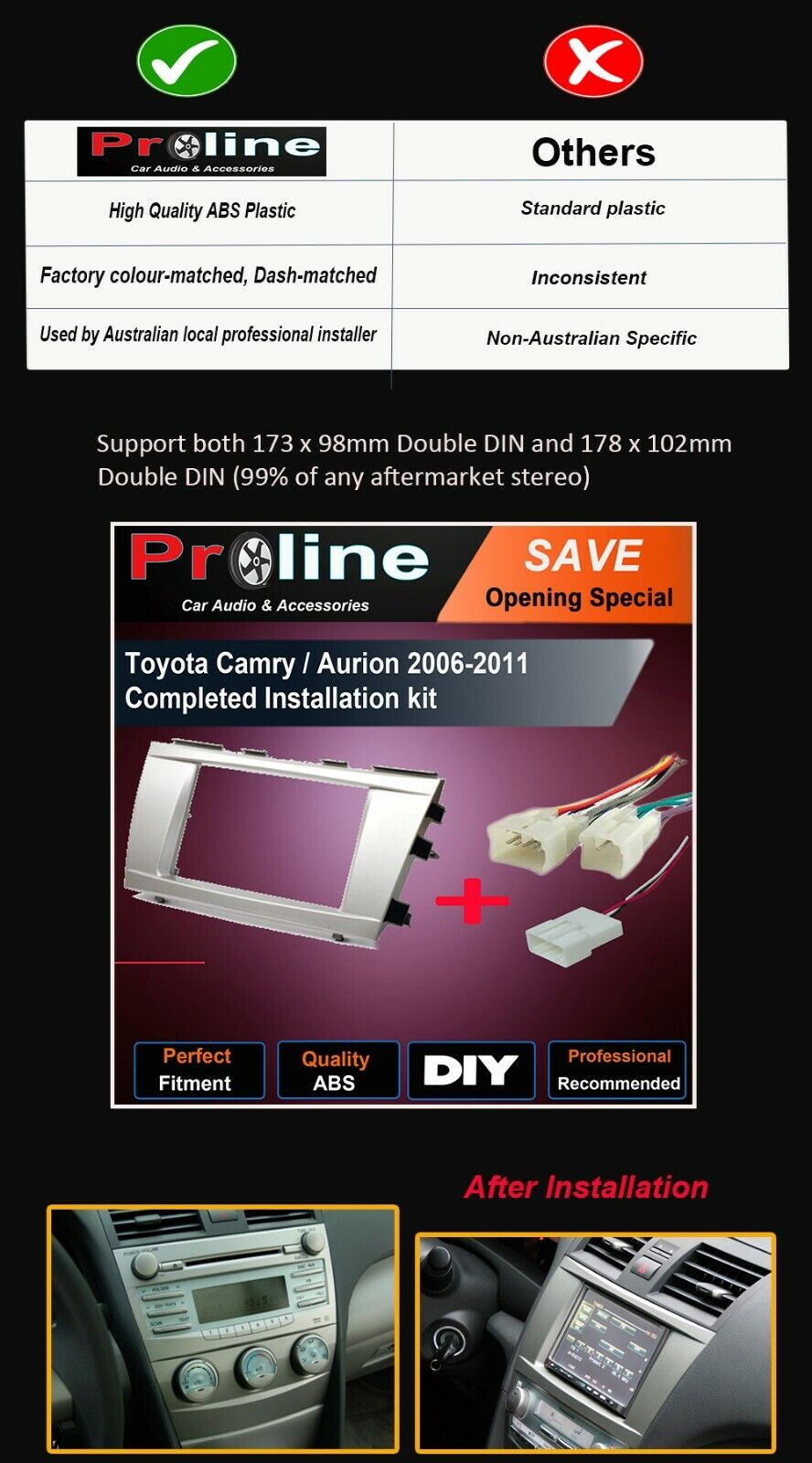 Fit Toyota Camry 06-10 stereo radio Double Din fascia facia kit wiring harness. Support both 173 x 98mm Double DIN and 178 x 102mm.Double DIN (99% of any aftermarket stereo)