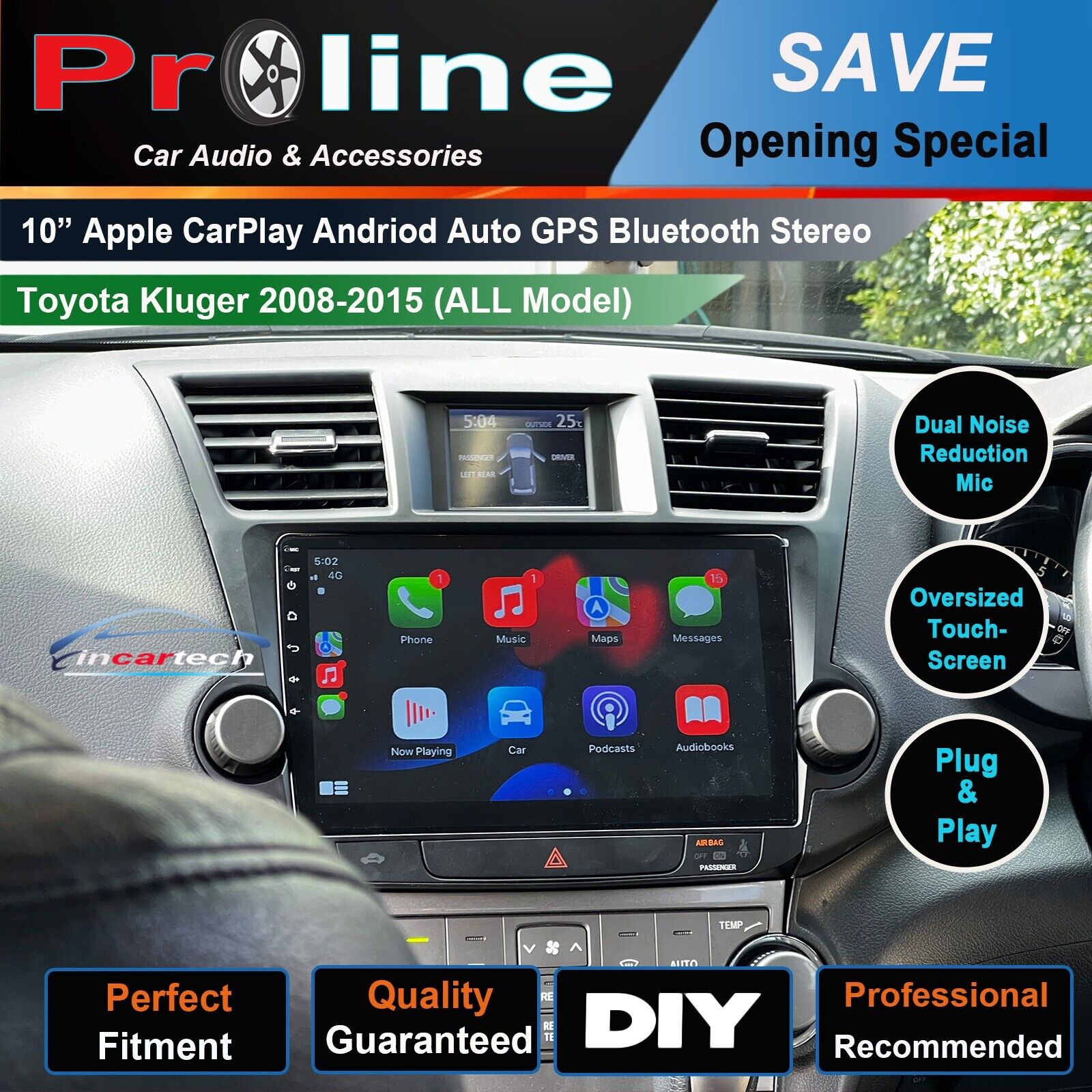 Fit Toyota Kluger 08-15 Grande GPS Bluetooth Apple CarPlay Android Auto Stereo, for Toyota Kluger 08-15 Grande, head unit upgrade for Toyota Kluger 08-15 Grande  head unit replacement for Toyota Kluger 08-15 Grande , unit upgrade, for Toyota Kluger 08-15 Grande stereo upgrade suit both manual and digital air condition control, provides installation. Upgrade to the Lastest Wireless Apple CarPlay Android Auto