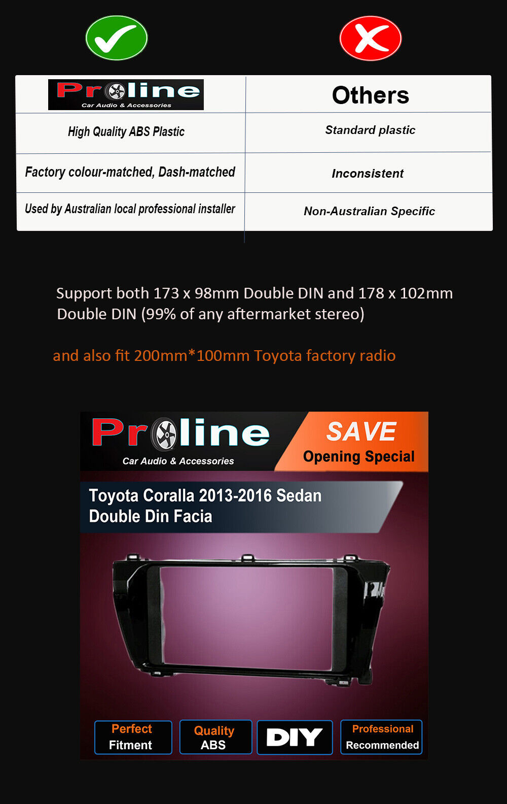 Fit Toyota Corolla stereo Double 2 Din fascia dash panel facia plate13-16 sedan. Support both 173 x 98mm Double DIN and 178 x 102mm.Double DIN (99% of any aftermarket stereo)