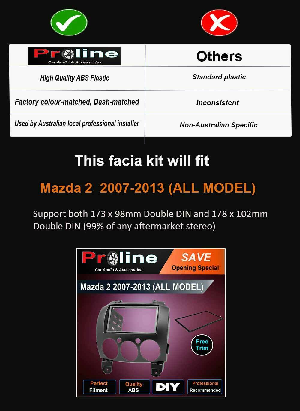 For Mazda 2 2007-2014 Car Audio stereo Radio double DIN Facia Dash Panel Trim. Support both 173 x 98mm Double DIN and 178 x 102mm.Double DIN (99% of any aftermarket stereo)