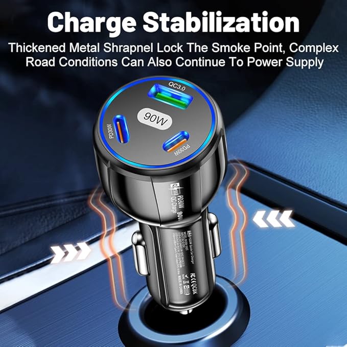 90W High-Power Car Charger with Triple USB Ports with PD3.0 & QC 3.0 Fast Charging