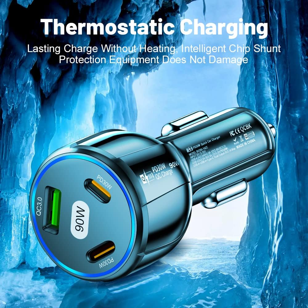90W High-Power Car Charger with Triple USB Ports with PD3.0 & QC 3.0 Fast Charging