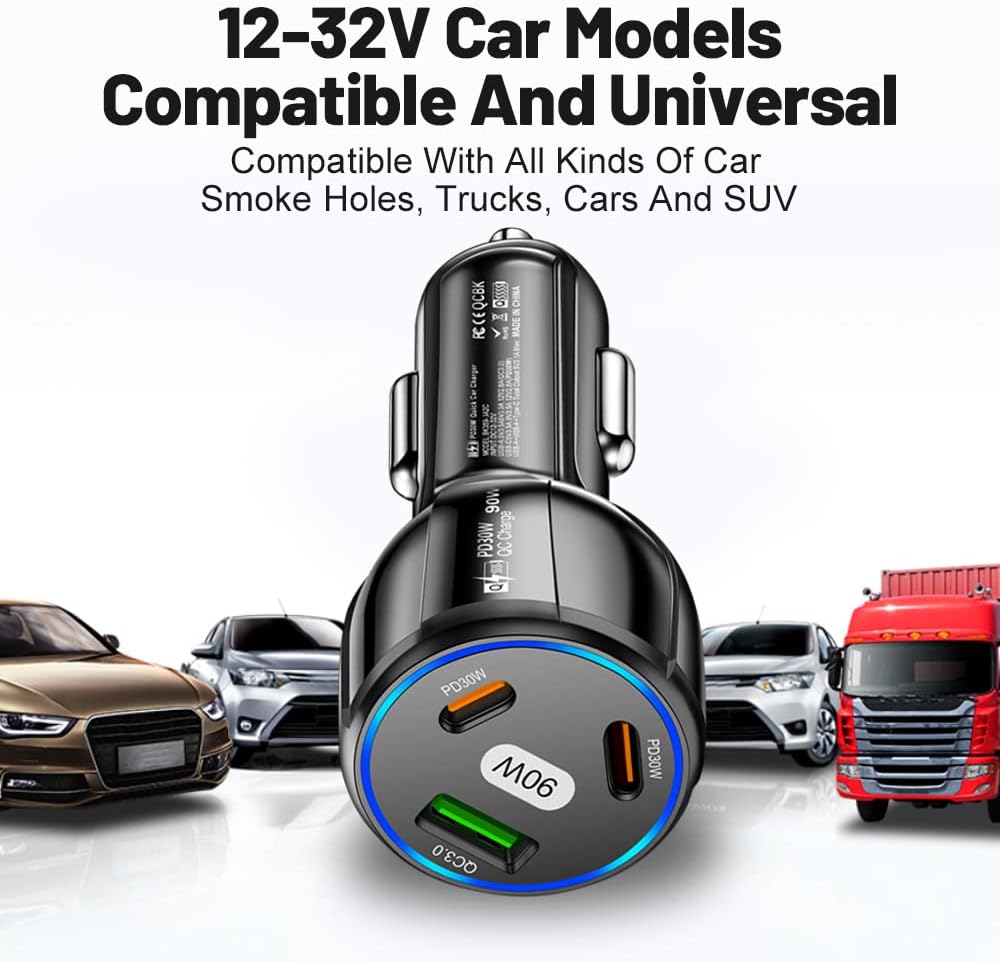 90W High-Power Car Charger with Triple USB Ports with PD3.0 & QC 3.0 Fast Charging