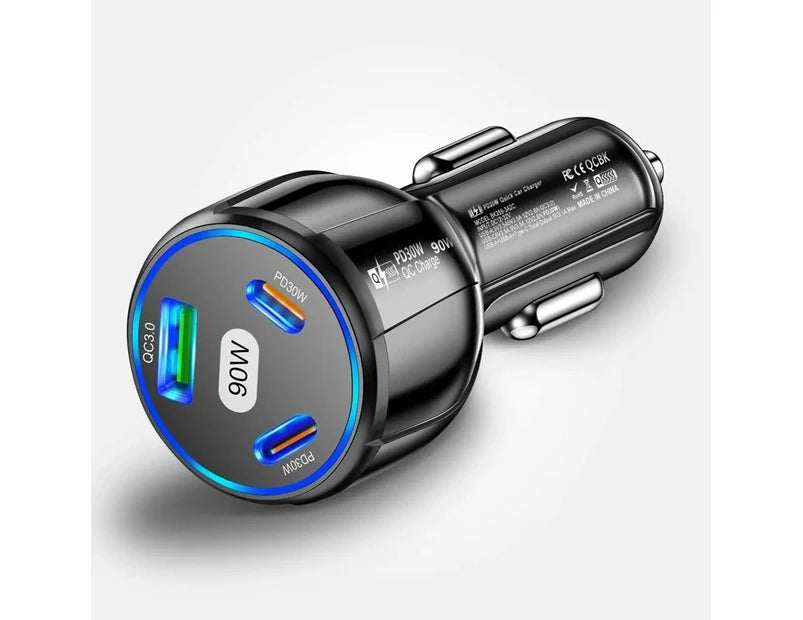 90W Super Fast Charging USB C Car Charger - Dual PD 30W+QC3.0,3 in 1 Charging Station with LED-Cigarette Lighter USB Charger Compatible with iPhone 14 13 12 Pro iPad MacBook Pro (1USB+2PD Black)