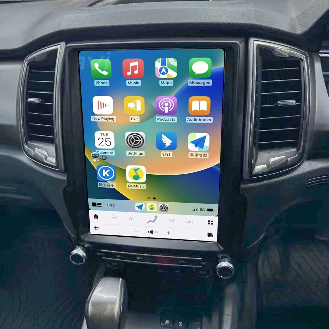 Car dashboard with a touchscreen display showing various app icons.