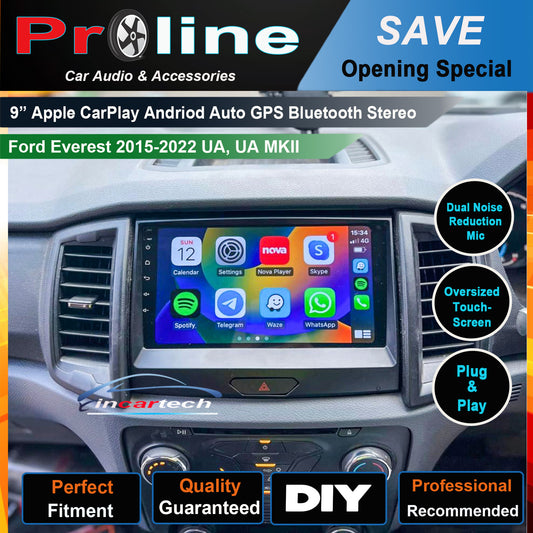 Car stereo system with touchscreen display in a vehicle dashboard, featuring Proline branding and product features.