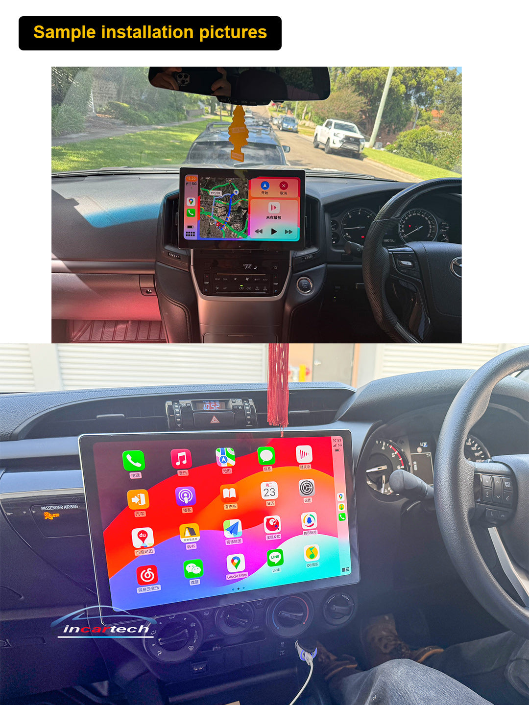 Incartech, Proline Sample installation for 13.3" screen, wireless Apple CarPlay, wireless Android Auto, upgrade dashboard