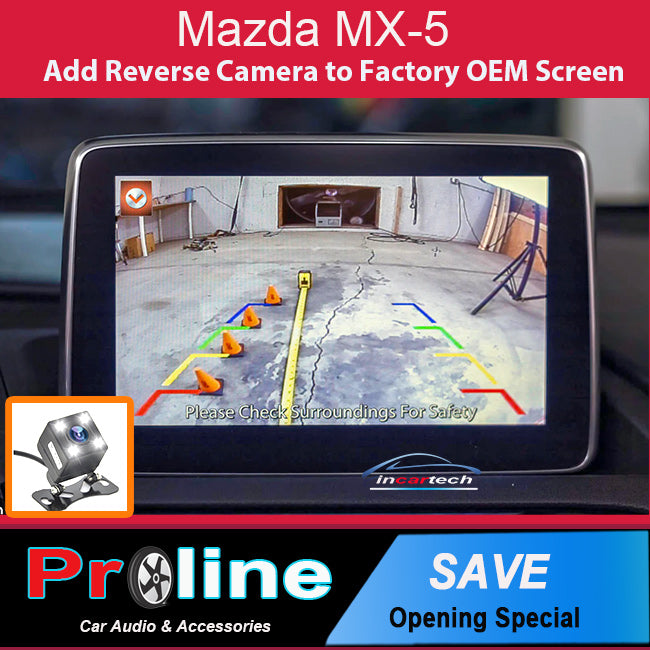 Car reverse camera system with screen displaying parking aid on a Proline branded background.