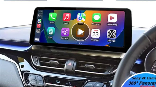 Car dashboard with a touchscreen display showing app icons