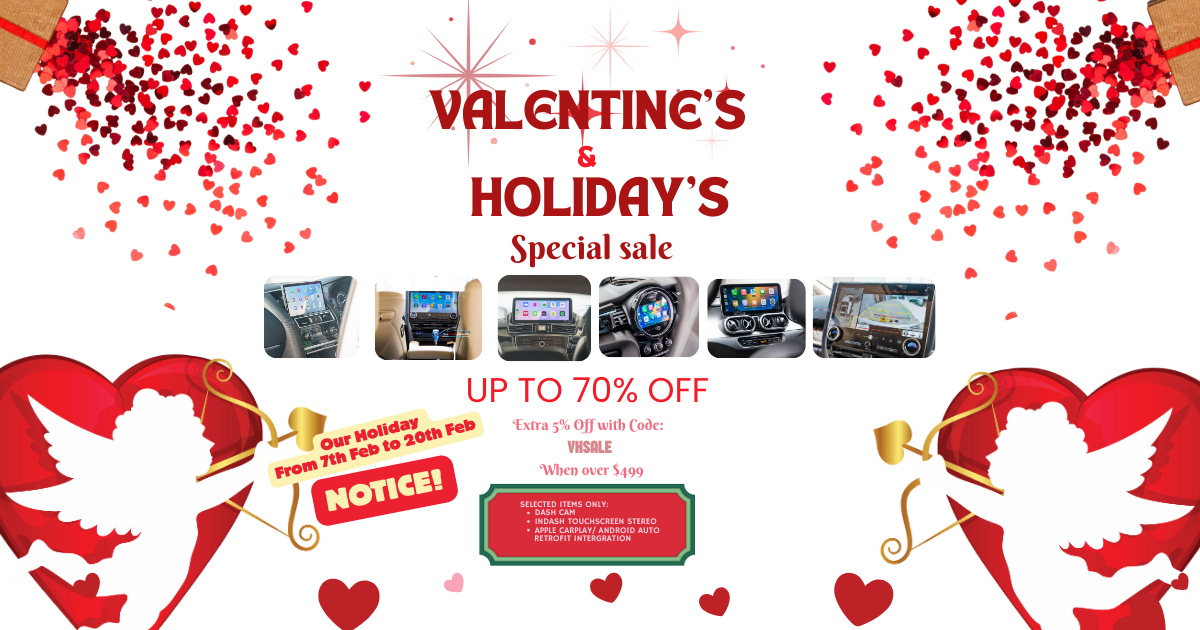 Valentine's Day and holiday sale advertisement with heart designs and product images.