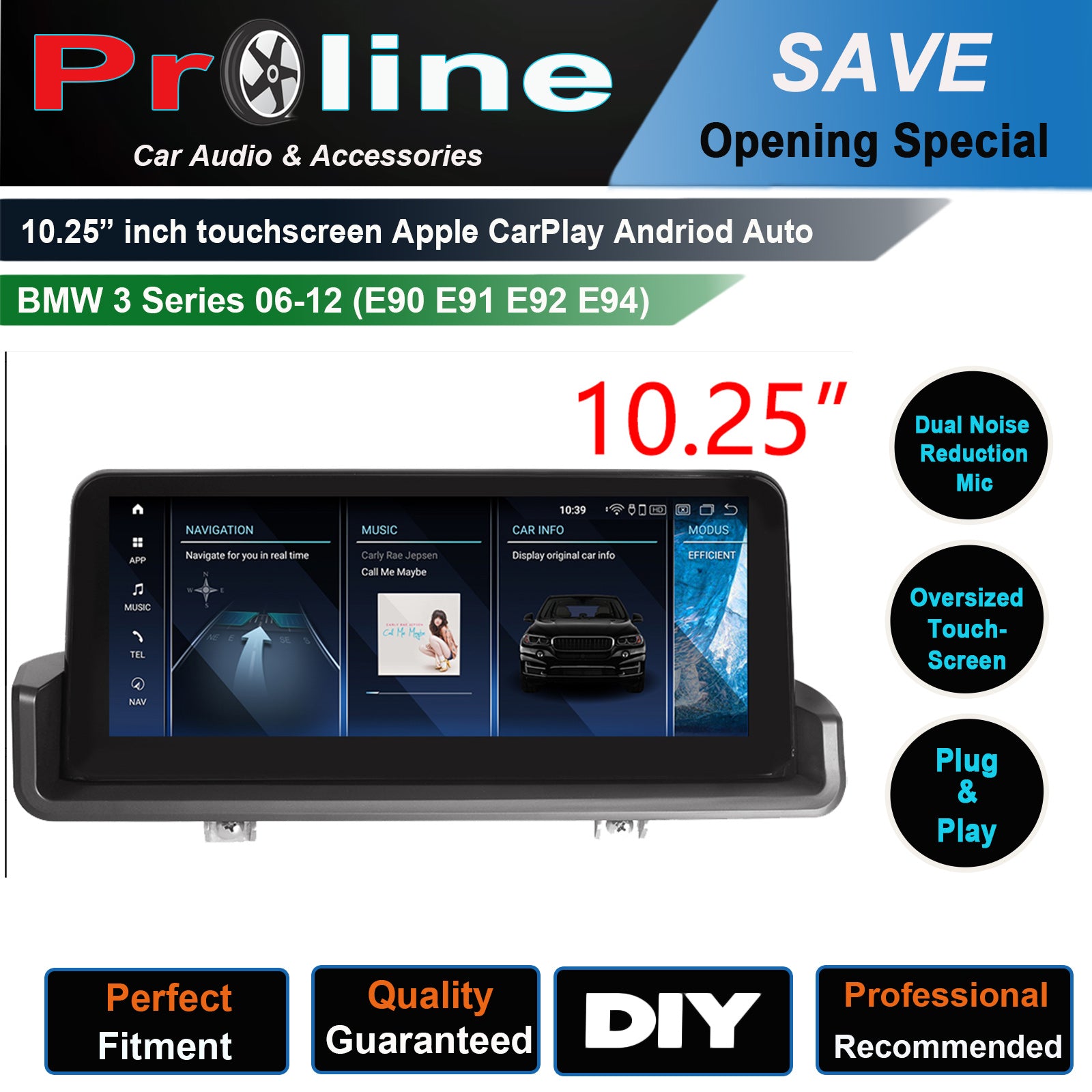 10.25 inch touchscreen BMW 3 Series 2006-2012 (E90 E91 E92 E94) aftermarket screen upgrade Car stereo wireless Carplay and wireless android auto