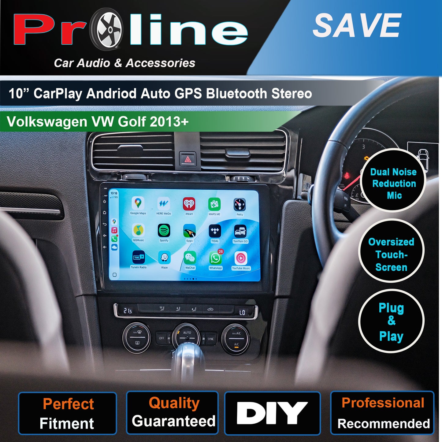 Volkswagen VW Golf 13-20 mk7 GTI 10" Infotainment Wireless Apple Carplay GPS stereo