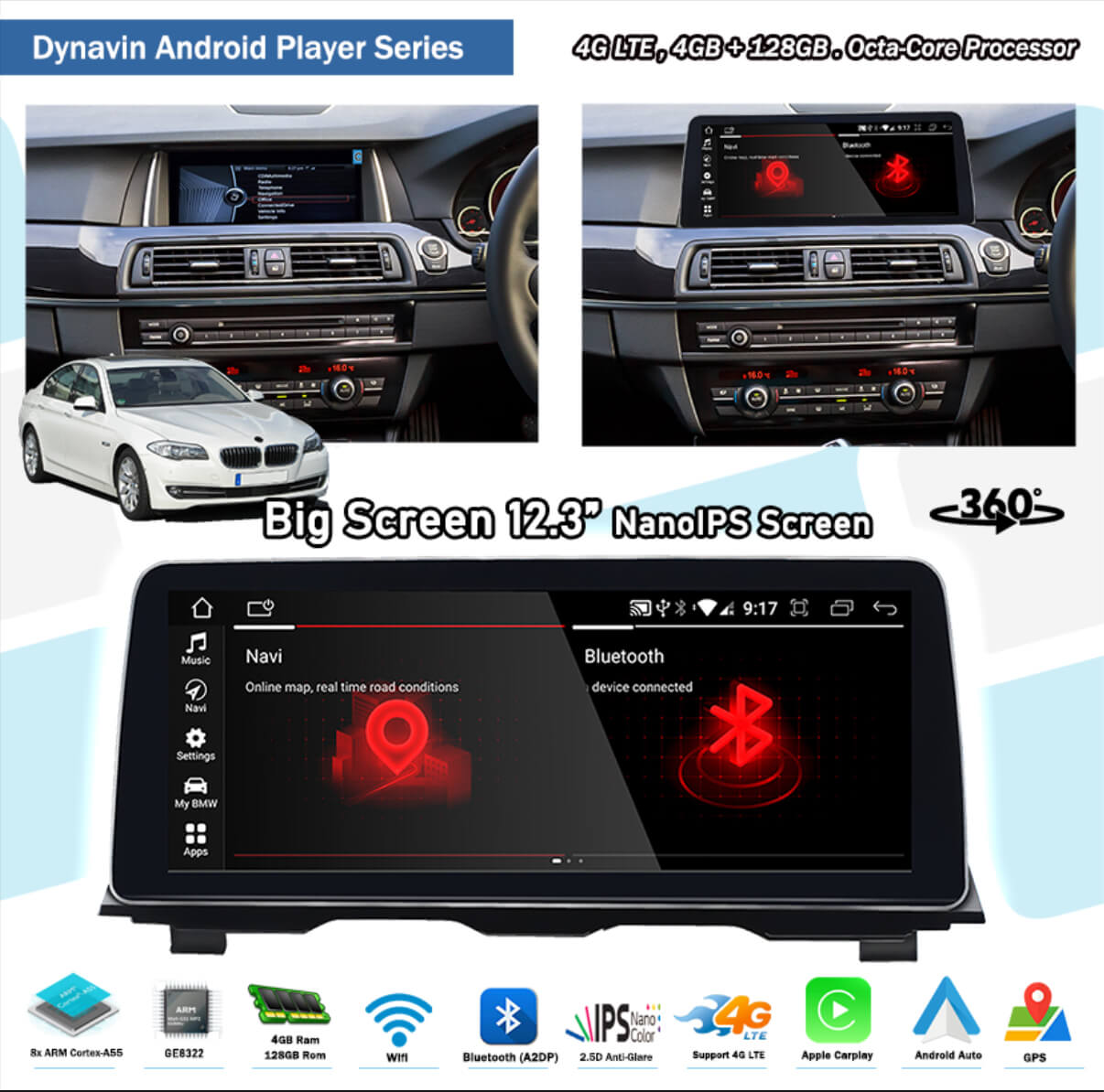 12.3 inch touchscreen BMW 5 Series 11-17 (F10 F11) aftermarket screen upgrade Car stereo wireless Carplay and wireless android auto