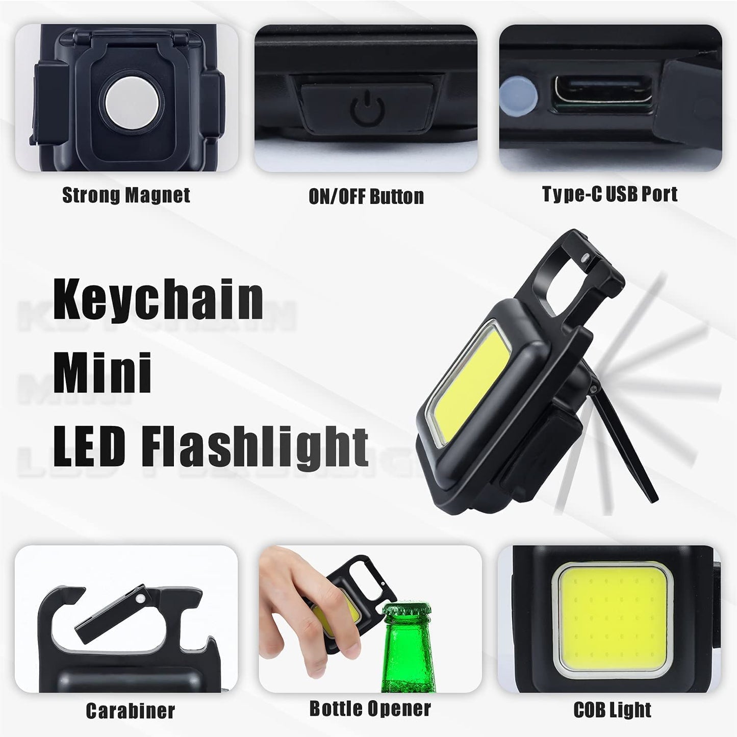 Portable COB LED Work Light USB Rechargeable Flashlight Magnetic Base Worklight Camping Light Pocket Emergency Light Mini Torch Keychain Light