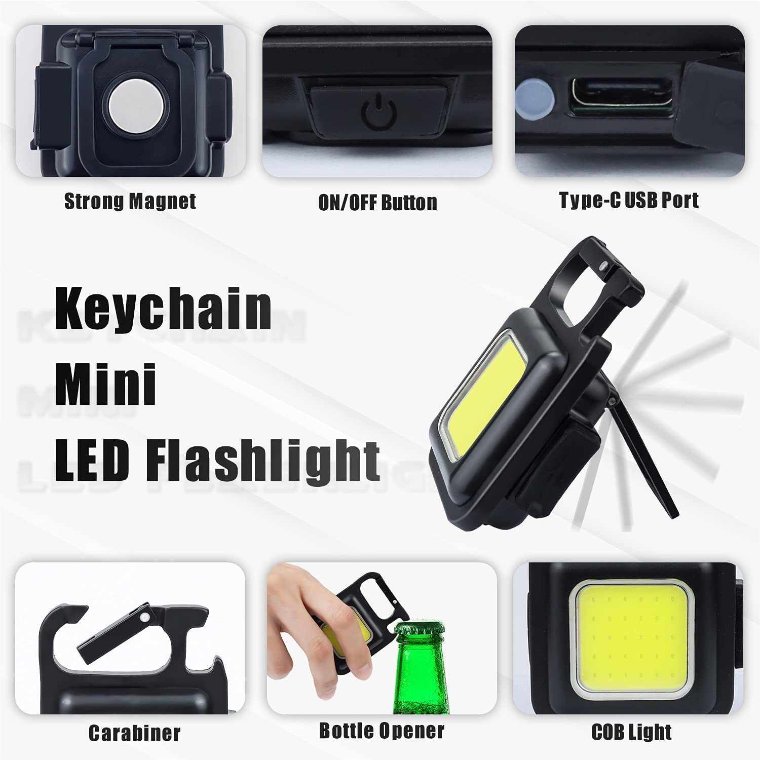 Portable COB LED Work Light USB Rechargeable Flashlight Magnetic Base Worklight Camping Light Pocket Emergency Light Mini Torch Keychain Light