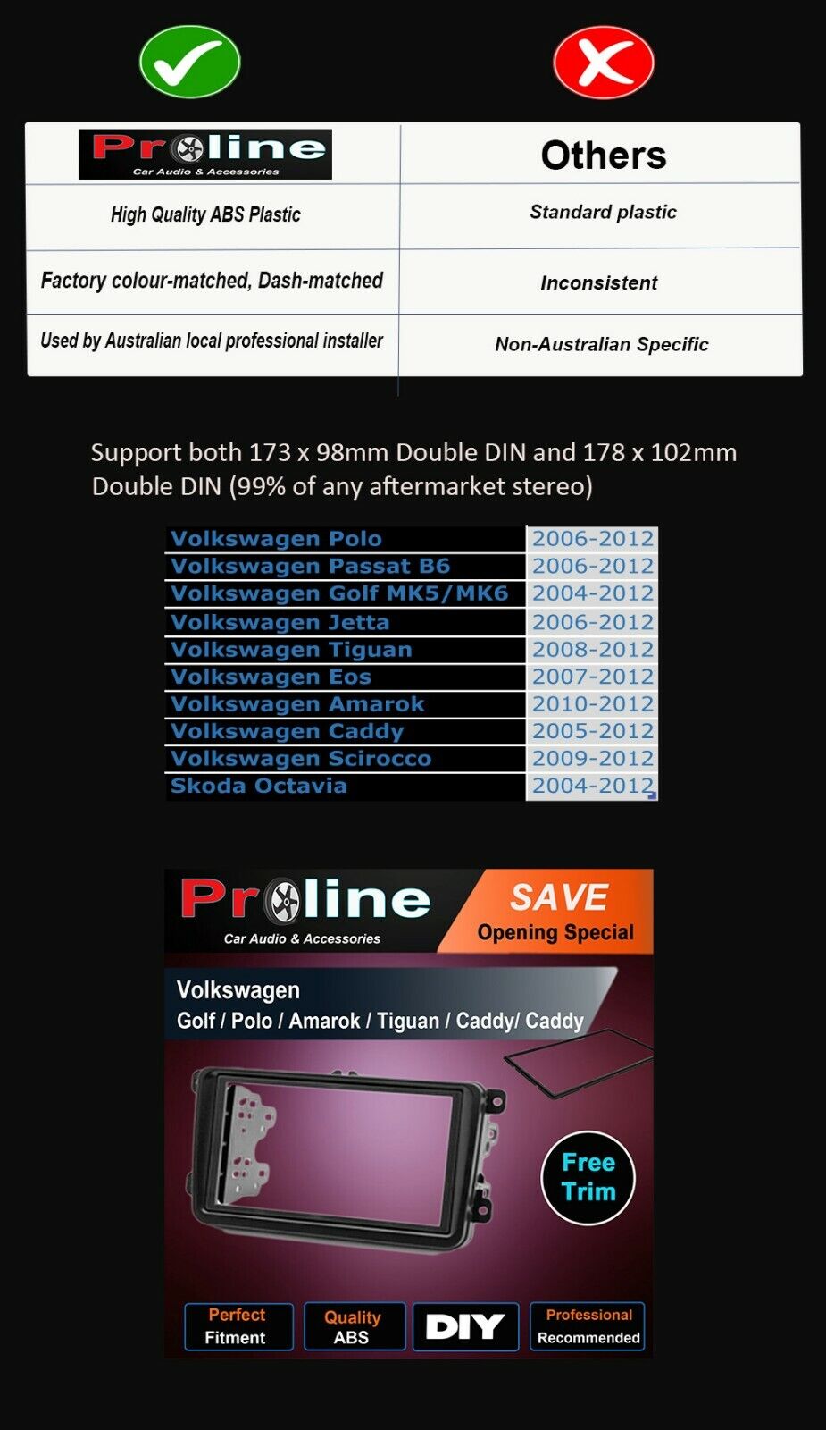 Double-DIN Facia Kit Fascia Panel Dash Surround Trim For Volkswagen Golf/ Polo/ Amarok/ Caddy. Support both 173 x 98mm Double DIN and 178 x 102mm.Double DIN (99% of any aftermarket stereo)