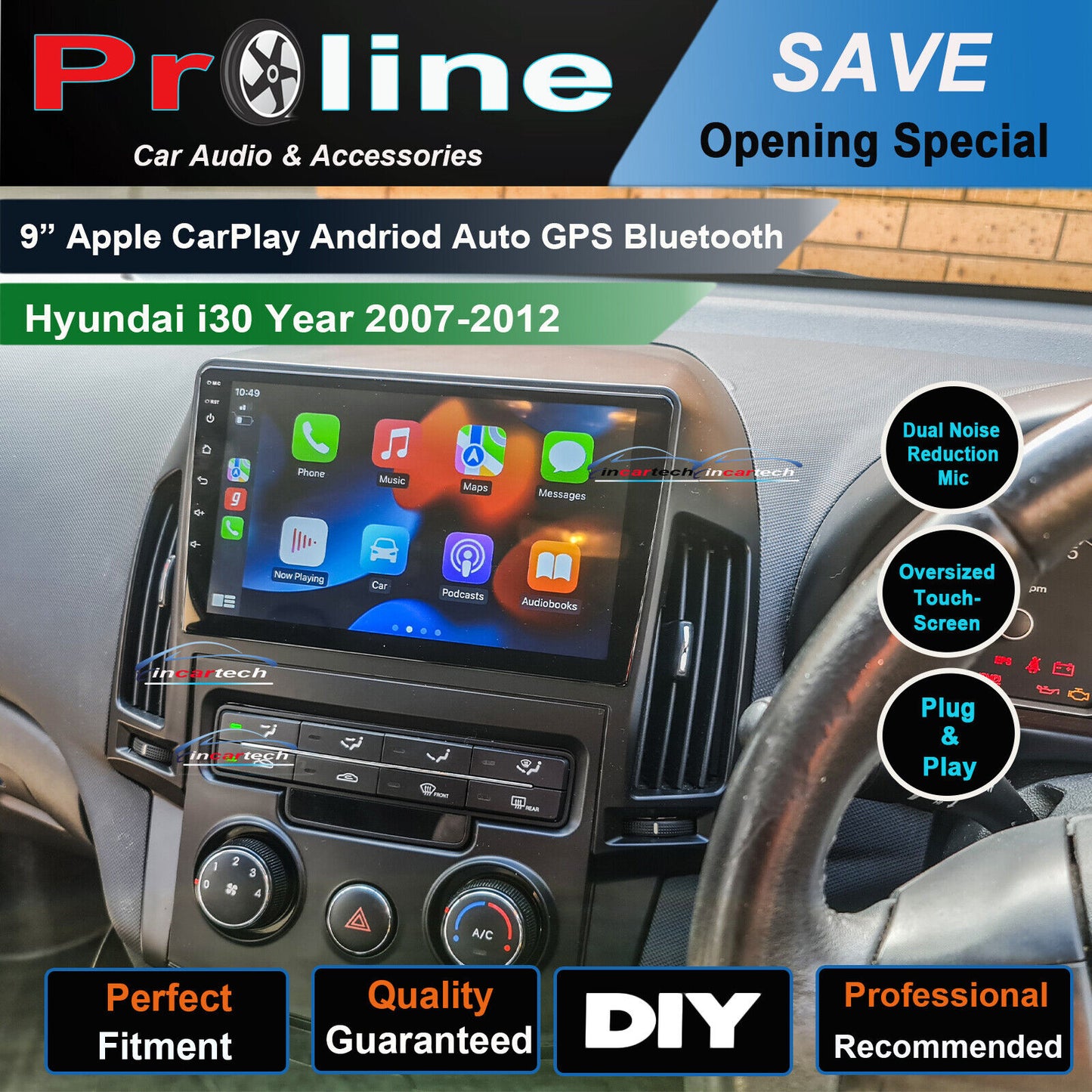 Hyundai i30 07-12 GPS Bluetooth Wireless Apple CarPlay Stereo 9" Screen Facia,  Hyundai i30 07-12 head unit upgrade Hyundai i30 07-12 head unit replacement for Hyundai i30 07-12 upgrade, Hyundai i30 07-12 stereo upgrade suit both manual and digital air condition control, provides installation. Upgrade to the Latest Wireless Apple Carplay Android Auto