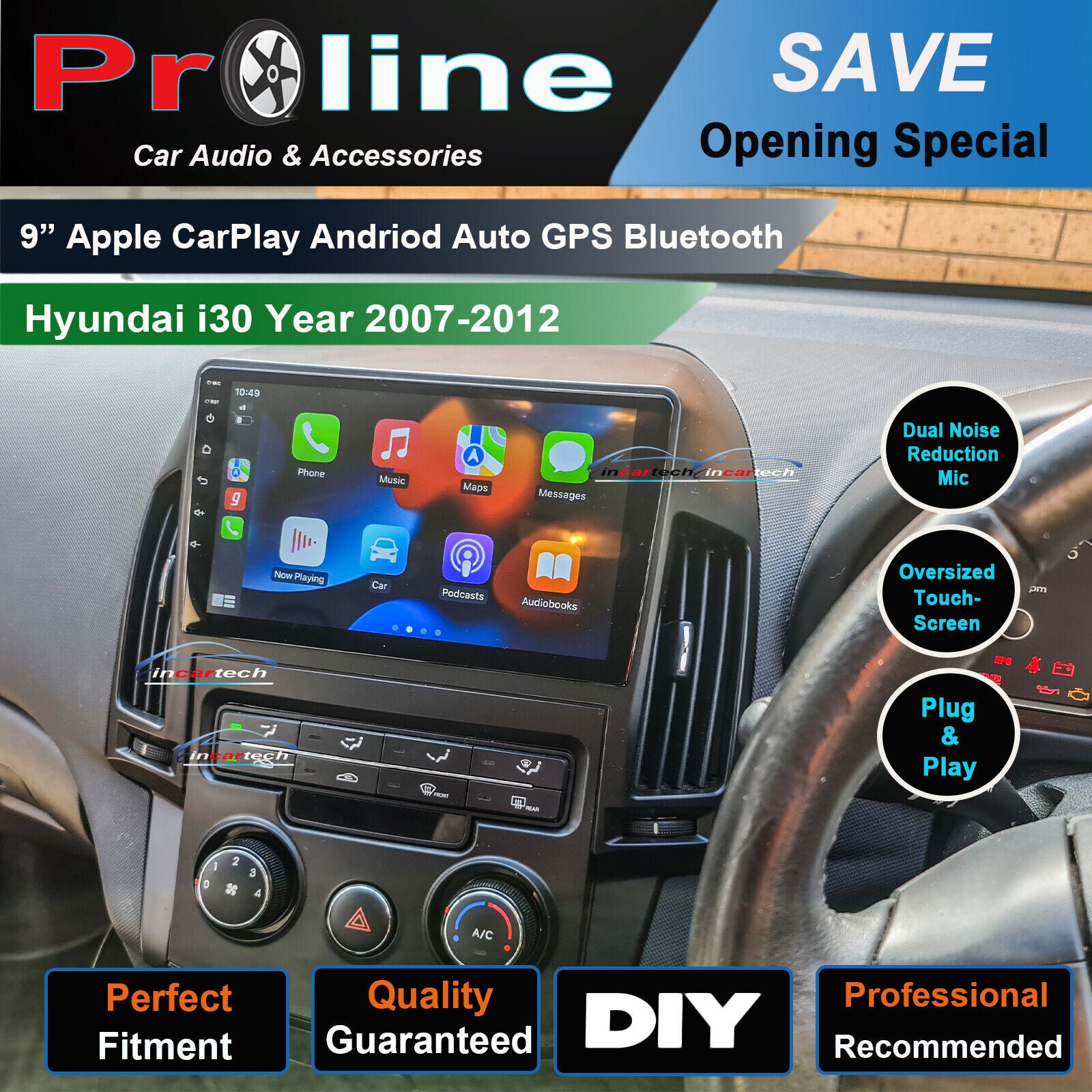 Hyundai i30 07-12 GPS Bluetooth Wireless Apple CarPlay Stereo 9" Screen Facia,  Hyundai i30 07-12 head unit upgrade Hyundai i30 07-12 head unit replacement for Hyundai i30 07-12 upgrade, Hyundai i30 07-12 stereo upgrade suit both manual and digital air condition control, provides installation. Upgrade to the Latest Wireless Apple Carplay Android Auto