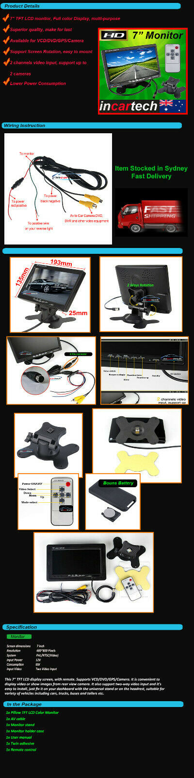 Proline G37CBF Universal HD Monitor Car Truck TFT LCD Color for Reverse camera