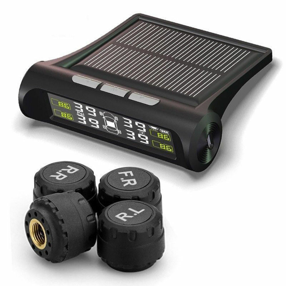 CHUSYYRAY Solar Wireless TPMS – LCD Tire Pressure Monitor With 4 External Sensors, 6 Alarm Modes