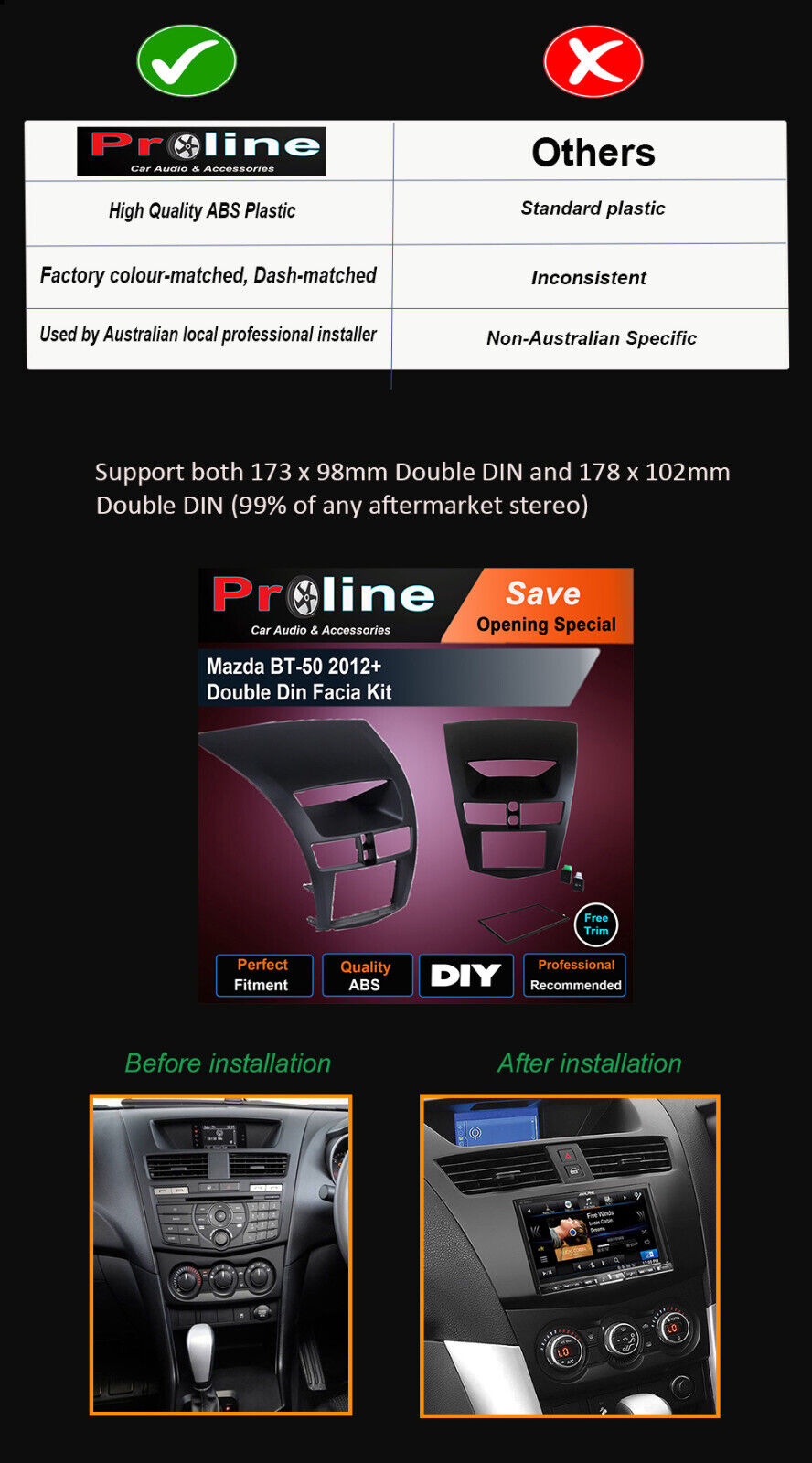 Mazda BT50 2012+ Radio Stereo double DIN Facia Dash Panel Trim Kit  Support both 173 x 98mm Double DIN and 178 x 102mm Double DIN (99% of any aftermarket stereo)